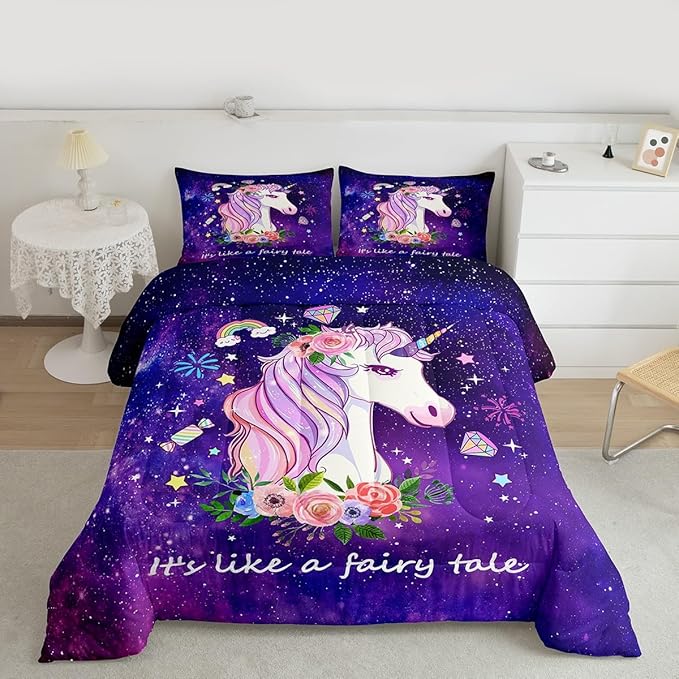 Unicorn Gifts for Girls,Kawaii Comforter Set Glitter Galaxy Bedding Set for Kids Toddler,Cartoon Magical Animal Duvet Insert Cute Horse Quilt Twin,Purple Unicorn Room Decor for Girls Bedroom