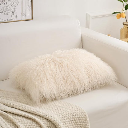 Genuine Mongolian Lamb Fur Pillow Cover – 12"x20" Rectangular Cushion Case – Soft Curly Wool Decorative Accent for Sofa, Bed, or Chair (Beige)
