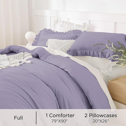 Andency Greyish Lavender Purple Full Size Comforter Set, 3 Pieces(1 Ruffle Comforter and 2 Pillowcases) Lightweight Fluffy Bedding Comforter Sets Full Bed, All Season Soft Microfiber Bedding Set