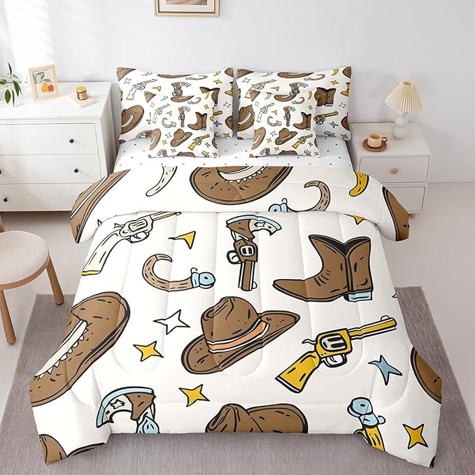 Erosebridal Cowboy Hat Men Comforter Set 7 Piece Bed in a Bag Twin,Cowboy Boots Bedding Sets Hunting Western Decor Sheet Set with Comforter
