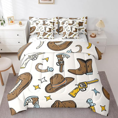Erosebridal Cowboy Hat Men Comforter Set 7 Piece Bed in a Bag Twin,Cowboy Boots Bedding Sets Hunting Western Decor Sheet Set with Comforter