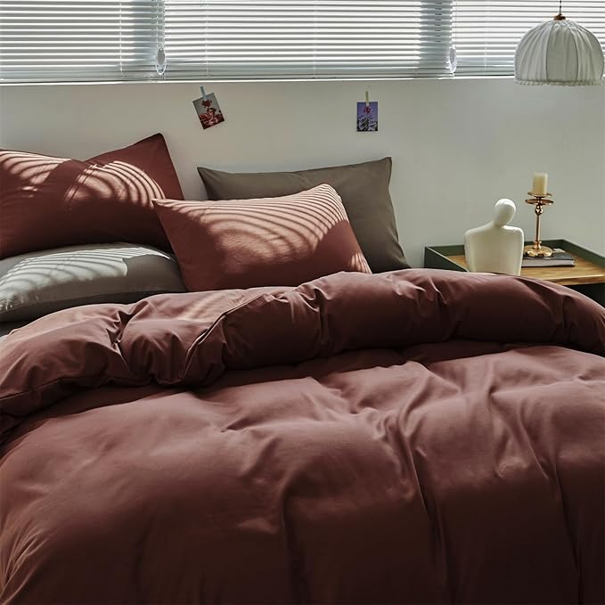KAREVER Brick Red Comforter Set Queen Clay Rust Red Color Bedding Set 3 PCs Brown Marsala Color Women Rust Red Blanket Set Solid Brick Red Comforter Set Queen Size Breathable Soft Bed Comforter Set