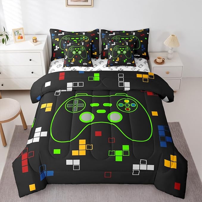 Miner Video Games Bedding Sets Full Size,Gamer Gamepad 7Pcs Comforter Set,Kids Boys Girls Room Decor,Neon Green Pixelated Geometric Bed in a Bag Black White Reversible Flat Fitted Sheet,2 Pillowcases