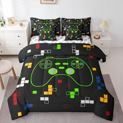 Miner Video Games 7Pcs Comforter Set Queen Size,Gamer Gamepad Bedding Set,Kids Boys Girls Room Decor,Neon Green Pixelated Geometric Bed in a Bag Black White Reversible Flat Fitted Sheet,2 Pillowcases