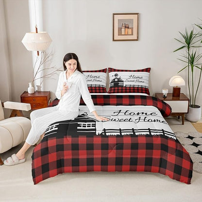 Buffalo Plaid Farmhouse Bedding Sets Full Rustic Cabin Comforter Set For Kids Adults Black Red Grids Windmill House Duvet Insert Western Country Home Room Decor Wooden Barn Door Quilt Comforter