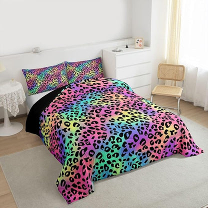 Erosebridal Rainbow Leopard Comforter for Kids Boys Girls,Colorful Cheetah Print Toddler Bedding Set,Animal Skin Texture Duvet Insert,Blue Green Pink Purple Yellow Quilt Bedroom Decor