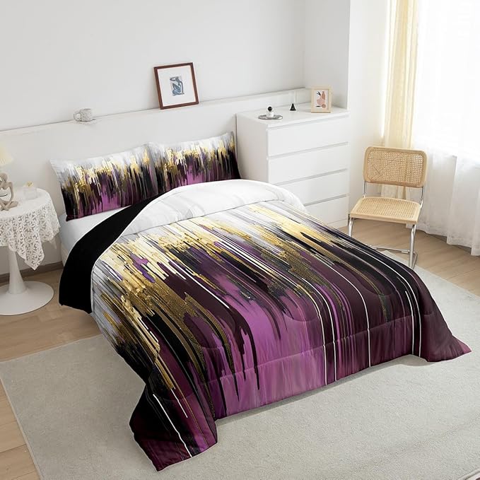 Erosebridal Purple Gradient Bedding King Oil Painting Stripe Comforter Set, Brush Marks Contemporary Ombre Duvet Insert Watercolor Graffiti Down Comforter, Aesthetic Modern Bedding Comforter Sets