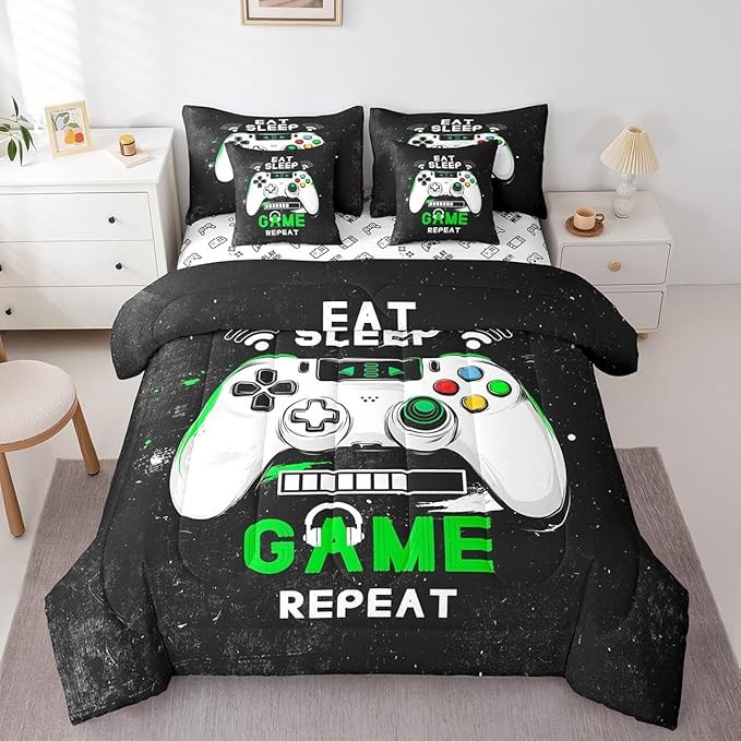 jejeloiu Eat Sleep Game 7 Piece Bedding Set King Size Cartoon Gamer Comforter Set with Sheets for Kids Boys Girls Modern Game Bed in a Bag Black Green Bed Set