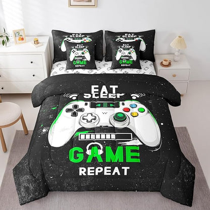 jejeloiu Eat Sleep Game 7 Piece Bedding Set King Size Cartoon Gamer Comforter Set with Sheets for Kids Boys Girls Modern Game Bed in a Bag Black Green Bed Set
