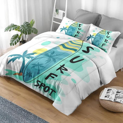 Comforter Set King Size, Surfboard Sea Summer 3 Pcs Soft Bedding Set for Kids and Adults, Palm Tree Beach Sun Comforter Set with 2 Pillowcases, for Bedroom Bed Decor