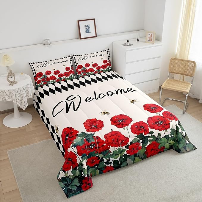 Erosebridal Spring Geranium Flowers Down Comforter Full Rustic Farmhouse Plaid Floral Bedding Sets Country Garden Style Comforter Set for Teen Girls Women,Pastoral Bee Quilt Duvet Cabin Decor