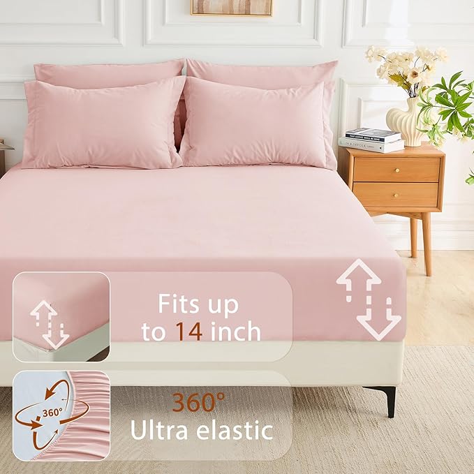 MUXHOMO 7 Pieces Queen Comforter Set, Soft Bed in a Bag Queen Size, All Season Bedding Set with Comforter, Flat Sheet, Fitted Sheet, Pillowcases & Shams, Pink