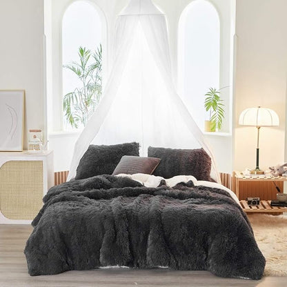 Luxury Faux Fur Full/Queen Size Winter Comforter Set Shaggy Velvet Dark Gray/Black Long Hair, 3 Pieces Plush Flannel Sherpa Backing Reversible Soft Microfiber Super Warm Bedding Set for Holiday