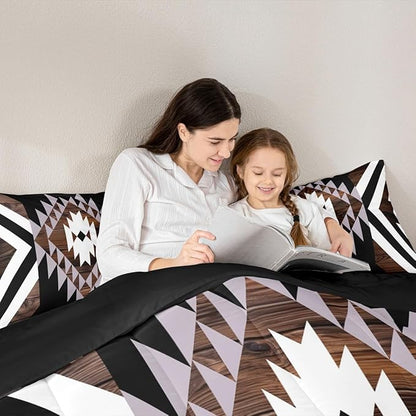 Feelyou Black Brown Rustic Western Bedding Set Toddler Size Southwestern Aztec Tribal Comforter Set for Boys Girls Vintage Geometric Duvet Quilt Soft