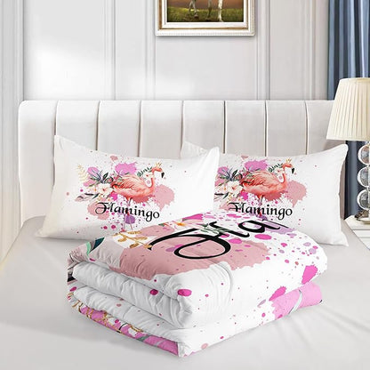 HOSIMA Flamingo Comforter Queen Size,Pink Flamingo Wearing a Crown Love and Romantic Animal Artwork Room Decor,Flamingo Bedding Sets for Girls Women,Colorful Ink Floral Comforter with 2 Pillowcases.