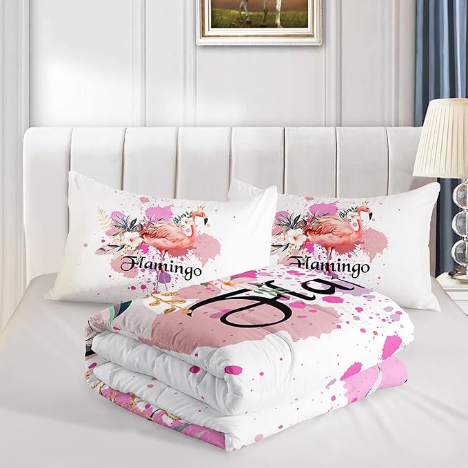 HOSIMA Flamingo Comforter-Full Size,Pink Flamingo Wearing a Crown-Love and Romantic Themed Artwork Bedding Set with 2 Pillowcases.