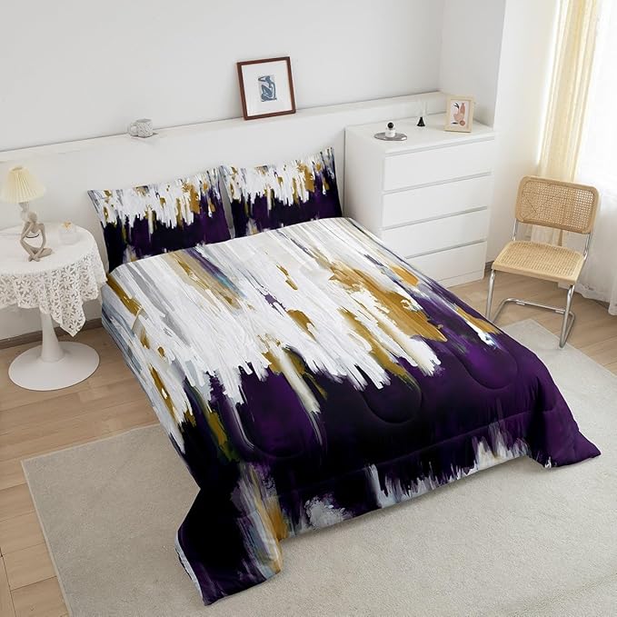 Abstract Ombre Comforter Set King White Purple Bedding Set, Gradient Brush Marks Bedding Comforter Sets Contemporary Artwork Duvet Sets, Watercolor Stripe Aesthetic Quilted Comforter Luxury