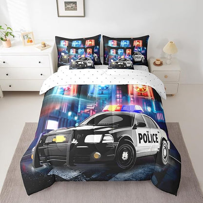 Kids Police Car Toddler Bed in a Bag Policeman Boys Comforter Set with Sheets for Adults Girls Black The Polica Vehicle 7 Piece Bedding Set Automobile Car Decor Bed Set with 2 Pillowcases King