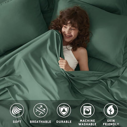 Twin Sheets Set - 4 Piece Soft Microfiber and Wrinkle Free Sheets - Easy Care, Extra Soft, Cooling Sheets - 1 Deep Pocket Fitted Sheet 1 Flat Sheet and 2 Pillowcases (Twin Emerald Green)