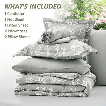 MUXHOMO Silver Grey Full Comforter Set, Elegant Floral Print Bed in a Bag 7 Pieces, Ultra Soft & Breathable Reversible Botanical Pattern Bedding Set with Comforter, Sheets, Pillowcases, and Shams