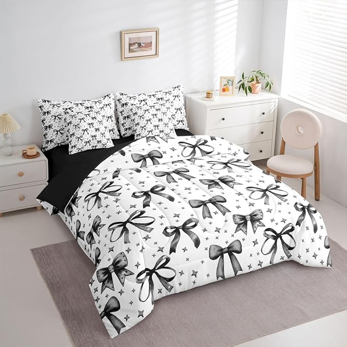 Erosebridal Bow Girls Cute Black 7 Piece Bedding Set Twin | Starry Comforter Set with Sheets Bowknot Kawaii Bed in A Bag Princess Bed Sets
