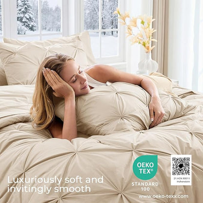 Sasttie Queen Comforter Set, 7-Piece Bed in a Bag, Pintuck Bedding Sets for All Season, Includes Comforter, Flat Sheet, Fitted Sheet, Pillowcases and Pillowshams, Warm Beige