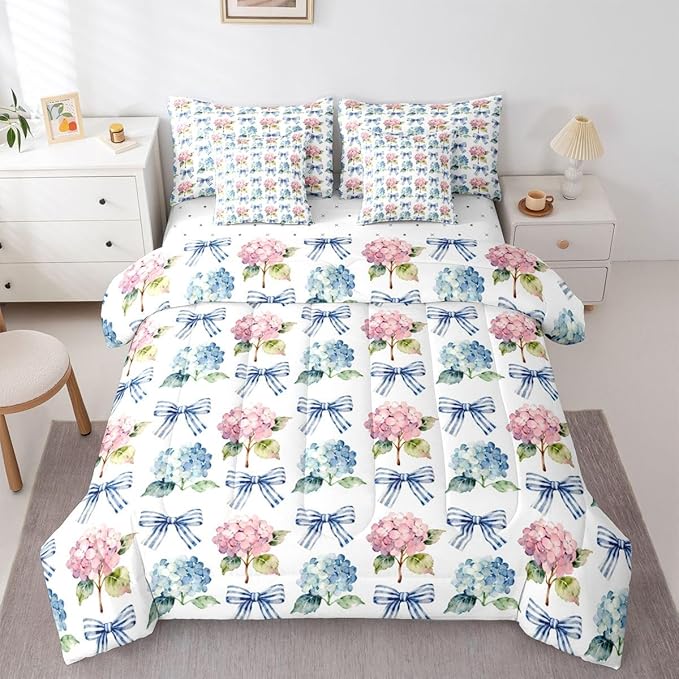 Erosebridal Blue Bowknot Pink Flowers Girly King 7-Piece Comforter Set | Kawaii Cute Bow Sheets and Pillowcases Floral Garden Ribbon Bed in A Bag Kids Teens Women Bed Sets