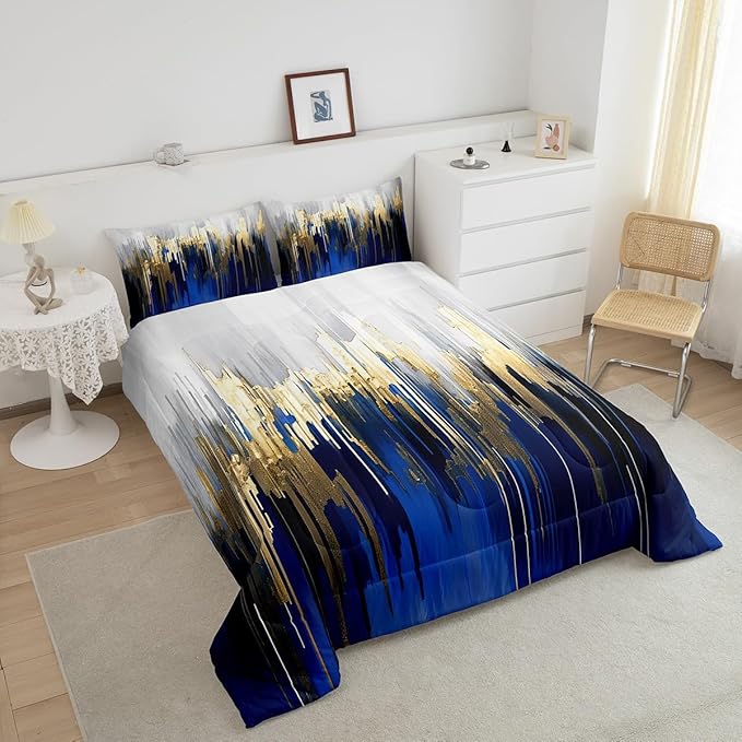 Erosebridal Abstract Art Comforter Set Queen Navy Gold Grey Bedding Set, Stripe Down Comforter Golden Metallic Sequins Bed Set, Dark Blue Tie Dye Quilted Duvet Luxurious Modern Bedroom Decor