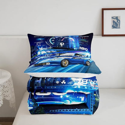 Feelyou Boys Race Car Down Duvet Cool Sports Car Comforter Set for Kids Boys Girls Extreme Sports Bedding Set Blue Automobile Car Comforter 1 Comforter Set with 2 Pillowcases King Size