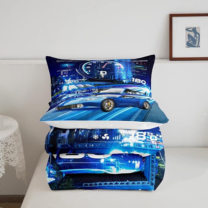 Feelyou Boys Extreme Sports Bedding Set - Race Car Down Duvet Comforter and 2 Pillowcases in Blue for Kids - Queen Size