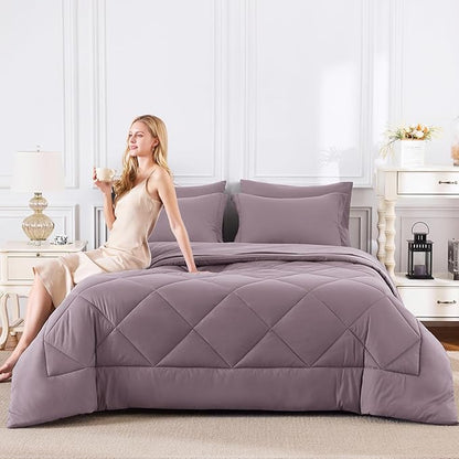 CozyLux Queen Comforter Set Dusty Purple - Bed in a Bag Queen Size 7 Pieces, Soft Bed Set for All Seasons, Bedding Set with Down Alternative Comforter, Sheets, Pillowcases & Shams, Grayish Purple