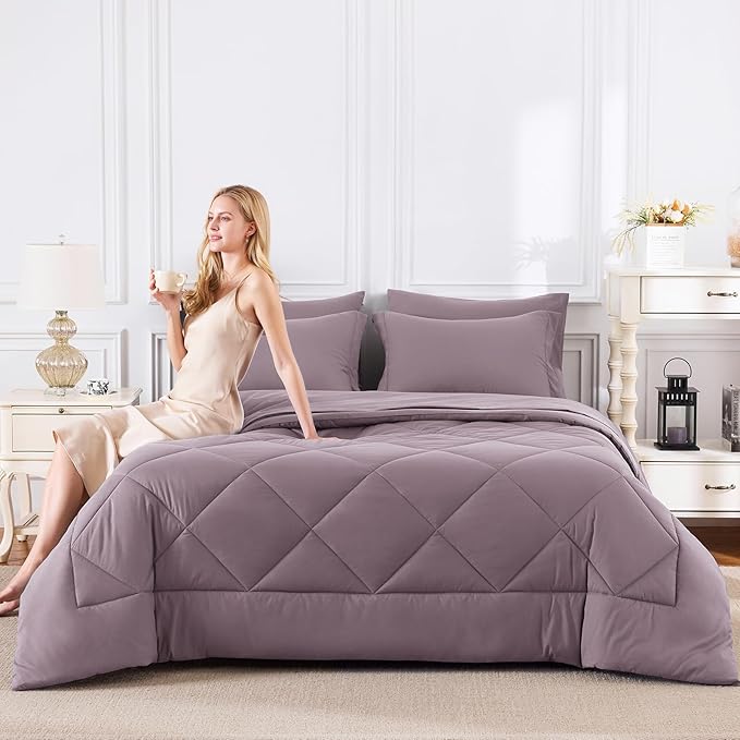 CozyLux Oversized Queen Comforter Set Dusty Purple, 7 Pieces Bed in a Bag Comforter Set with Sheets Luxury Bed Set All Seasons, Bedding Set with Down Alternative Comforter, Sheets, Pillowcases & Shams