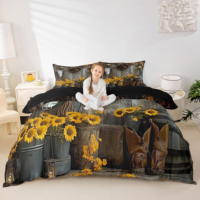 Feelyou Brown Western Aztec Comforter Set King Size Kids Bull Skull Duvet Quilt for Boys Girls Teens Wild Cowboy Boots Farmhouse Rustic Sunflower Bedding Set Soft Room Decor 3Pcs