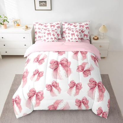 Erosebridal Pink Lace Bowknot Girls King 7-Piece Comforter Set | Cute Princess Ribbon Sheets and Pillowcases Kawaii Bow Kids Girly Bed in A Bag Women Teens Adults Bed Sets