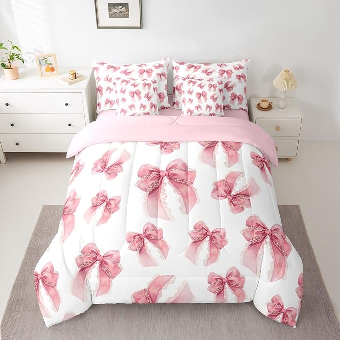 Erosebridal Pink Lace Bowknot Girls 7 Piece Bedding Set Twin | Cute Princess Ribbon Comforter Set with Sheets Kawaii Bow Kids Girly Bed in A Bag Women Teens Adults Bed Sets