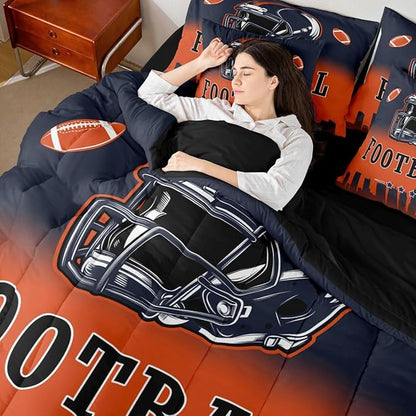 Erosebridal Football Boys Queen 7 Piece Bedding Set American Soccer Sports Comforter Set with Sheets Sports Rugby Orange Blue Bed in A Bag for Kids Teen Adults,Ball Games Bed Set