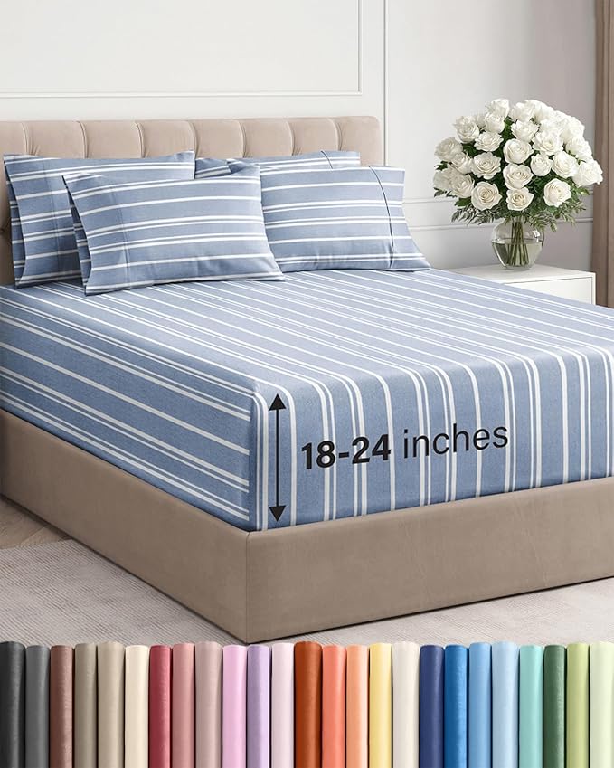 Extra Deep Queen Sheet Set - 6 Piece Breathable and Cooling Sheets - Hotel Luxury Bedding for Women, Men, Kids & Teens - Easy Secure Fit - Soft and Wrinkle Free with Extra Deep Pockets - Blue Stripes