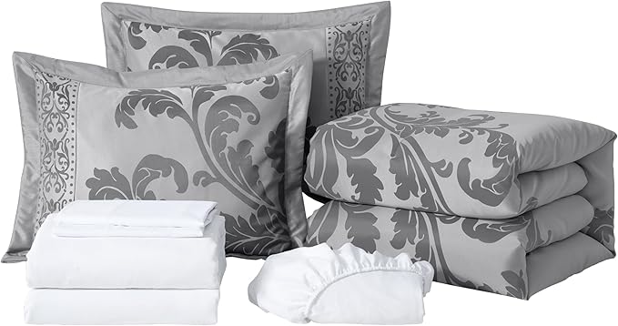 Chezmoi Collection Valor 7-Piece Queen Bed in a Bag, Silver/Gray Luxury Jacquard Floral Comforter with Sheets Set for All Season