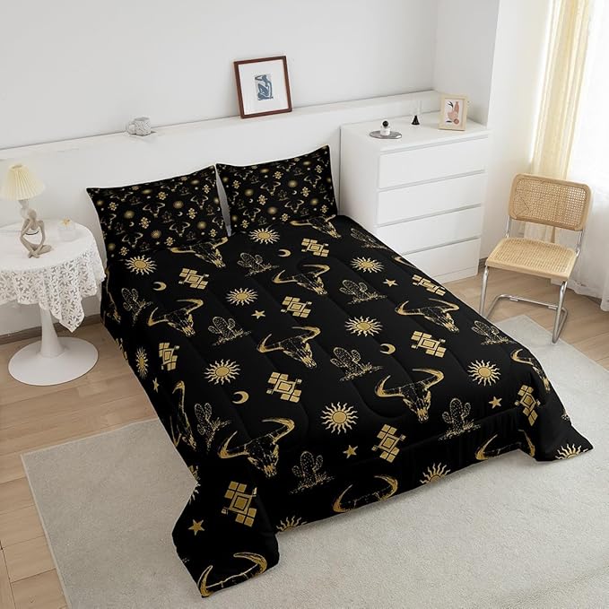 Erosebridal Boho Western Bedding Sets King Black Gold Bohemian Aztec Bull Skull Comforter Set for Boys Teen Men,Southwest Cowboy Quilt Set,Exotic Ethnic Tribal Bed Set Cactus Moon Sun Decor