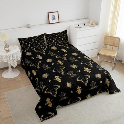 Erosebridal Boho Western Bedding Sets King Black Gold Bohemian Aztec Bull Skull Comforter Set for Boys Teen Men,Southwest Cowboy Quilt Set,Exotic Ethnic Tribal Bed Set Cactus Moon Sun Decor