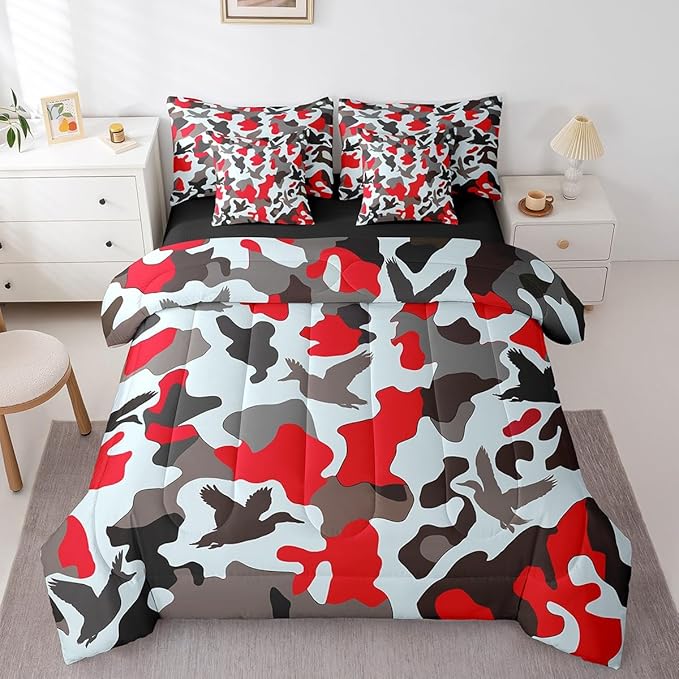 Erosebridal Farmhouse 7 Pcs Bed Set Twin Size Camo Bedding for Kids Army Camouflage Hunting Bed in A Bag Sheet Set Vintage Red Grey Bedroom Decor Wild Animal Duck Rustic Comforter Set