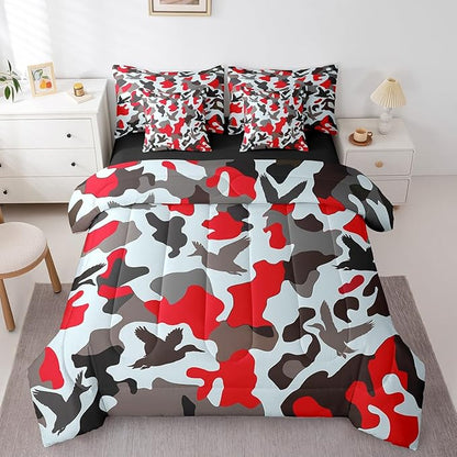 Erosebridal Camouflage 7 Pcs King Size Hunting Bedding for Kids Army Duck Hunter Bed in A Bag Sheet Set Vintage Red Grey Mallard Duck Rustic Comforter Set