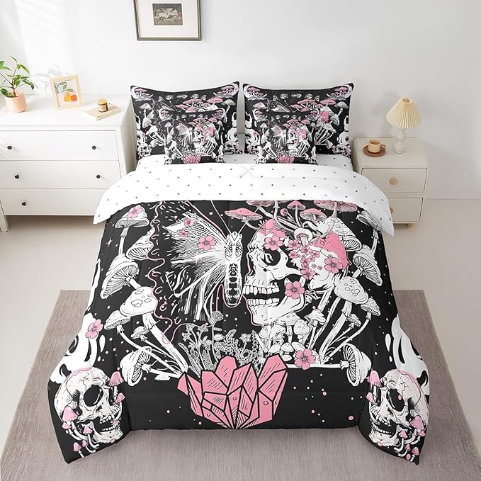 Feelyou Sugar Skull Bedding Set with Comforter, Full Size 7Pcs Halloween Themed Comforterative Pink Death Moth Bed in a Bag with Comforter, Boho Mushroom Room Decor