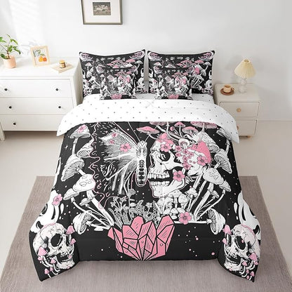 Feelyou Sugar Skull Bedding Set with Comforter, Full Size 7Pcs Halloween Themed Comforterative Pink Death Moth Bed in a Bag with Comforter, Boho Mushroom Room Decor
