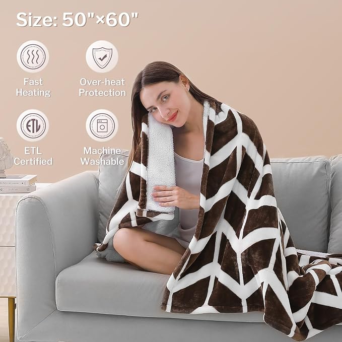 VENTIMI Electric Blanket Heated Throw, 50" x 60" Heated Blanket with 5 Heat Levels & 3 Hours Auto Off, Fast Heating Blanket with ETL & FCC Certification, Coffee