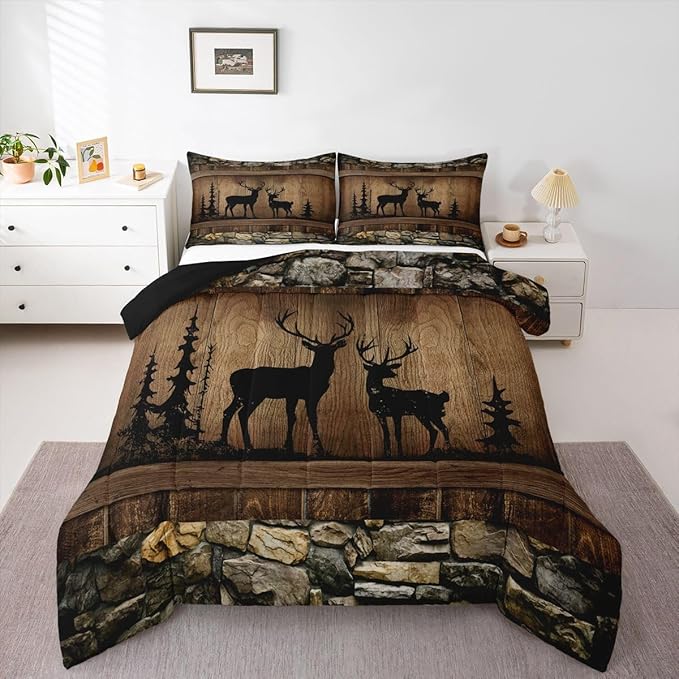 Erosebridal Hunting Deer Comforter Set Rustic Cabin Western Full Bedding Sets for Boys Girls Kids Woodland Wildlife Print Comforter Farmhouse Wooden Stone Decor Quilt Duvet 3 Pcs
