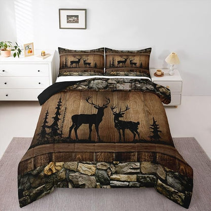 Erosebridal Hunting Deer Comforter Set Rustic Cabin Western Twin Bedding Sets for Boys Girls Kids Woodland Wildlife Print Comforter Farmhouse Wooden Stone Decor Quilt Duvet 2 Pcs
