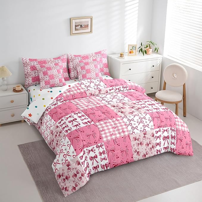 Feelyou Bow Comforter Set with Sheets Full Size Kids Pink Bowknot Plaid 7 Pieces Bedding Set for Boys Girls Teens Gift for Girls Women Grid Bed in a Bag Breathable Princess Décor Bed Set