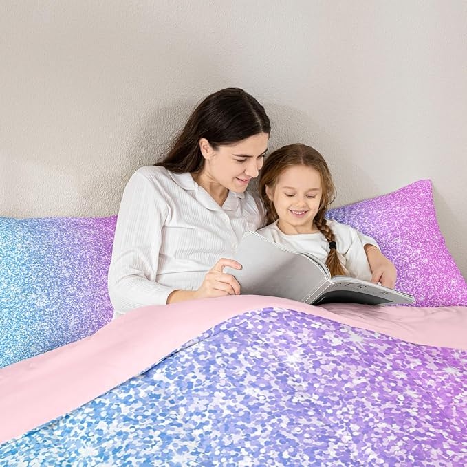 Colorful Glitter Bedding Twin Girly Turquoise Teal Blue Pink Pastel Girls Comforter Set 2 Pcs Trendy Quilt Duvet for Kid Women Down Comforter with Sparkle Sequin Pattern Bling Bedroom Decor Bed Cover