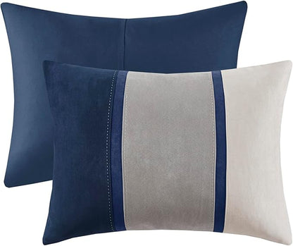 Madison Park Palisades Comforter Set Modern Faux Suede Pieced Stripe Design, All Season Down Alternative Cozy Bedding with Matching Shams, Decorative Pillows, King(104"x92"), Blue 7 Piece